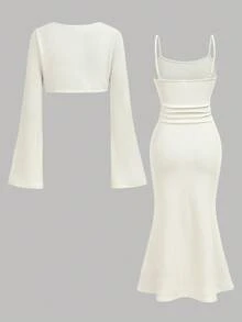 Girlism 2 件套少女米色人造毛皮披肩上衣和修身连衣裙套装，优雅时尚的休闲装 - 杏色 - 查看 2