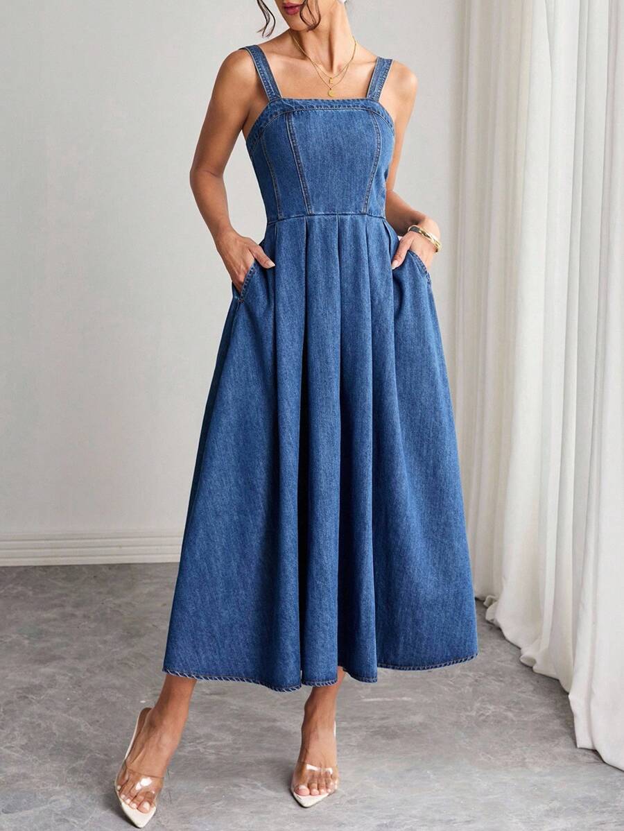 Elenzga Women's Solid Color Minimalist Everyday Sleeveless Washed Pleated Long Denim Dress ,Casual Elegant Lady