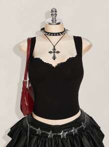 SHEIN ICON ICON 大码纯色女士休闲无袖上衣，适合夏季穿着，哥特风蕾丝边饰朋克风黑色上衣，锐舞风上衣 - 黑色 - 查看 1