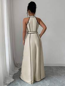 elegante y casual para dama de oficina o maestra, con diseño de alta gama, de color blanco con bloques de color negro, estampado digital, cierre de cremallera, cinturón en la cintura y piernas anchas tipo maxi, con escote en V y cuello halter, en estilo retro de rayas francesas, para primavera/verano. - Albaricoque - Ver 2