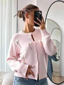 SHEIN CovetEZ 女士柔粉色蝴蝶结单排扣开衫，适合秋冬季 - 粉色 - 查看 1