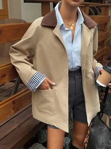 Livesso Women's Casual Contrast Color Windbreaker Jacket, Regular Fit, Autumn,Fall Women Clothes - Khaki - View 1