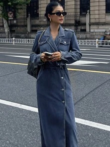 DAZY Đầm denim nữ cổ ve lật và có túi, đầm mùa thu. - Màu xanh lam - Xem 5