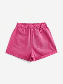 SHEIN Quần short denim cạp chun màu trơn, viền cuộn, thường ngày, đa năng cho nữ, mùa hè - Màu Hồng Tươi - Xem 2