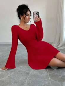 EURMUSE Women's Solid Color Off Shoulder Long Sleeve Ribbed Knit Sweater Dress,Winter Dresses - Red - View 6