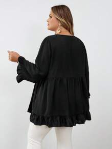 SHEIN CURVE+ 加大码纯色荷叶边下摆套头衫，适合女士休闲外出秋季服装、冬季服装、CURVE PLUS - 黑色 - 查看 9