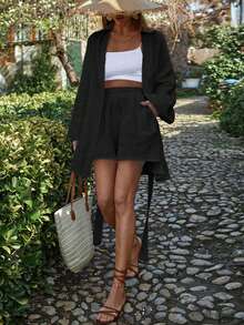 Women's Textured Cotton Crinkle Casual Shirt And Shorts Set - Black - View 7