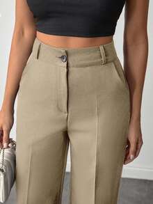 EURMUSE Women Solid Color Slant Pocket Wide Leg Pants - Beige - View 5