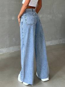 EURMUSE 100% Cotton Low Waist Raw Hem Snow Wash Wideleg Jean - Baby Blue - View 2