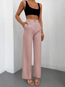Solid Slant Pocket Straight Leg Suit Pants - Dusty Pink - View 3