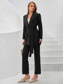 SHEIN Cottnline Lapel Neck Belted Blazer & Pants - Black - View 1