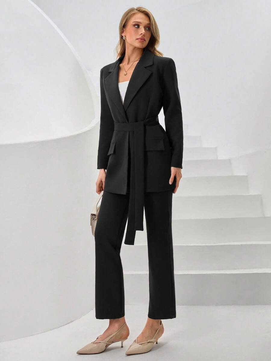 SHEIN Cottnline Lapel Neck Belted Blazer & Pants - Black - View 1