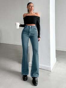 EURMUSE 98%Cotton Solid Color Slant Pocket Casual Flared Jeans - Light Wash - View 5