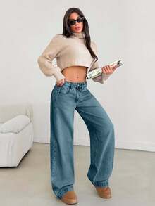 EURMUSE 女式低腰口袋阔腿宽松休闲百搭牛仔裤 - 深色水洗藍 - 查看 4