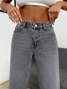 EURMUSE High Waist Light Wash Crop Straight Jean - Grey - View 4
