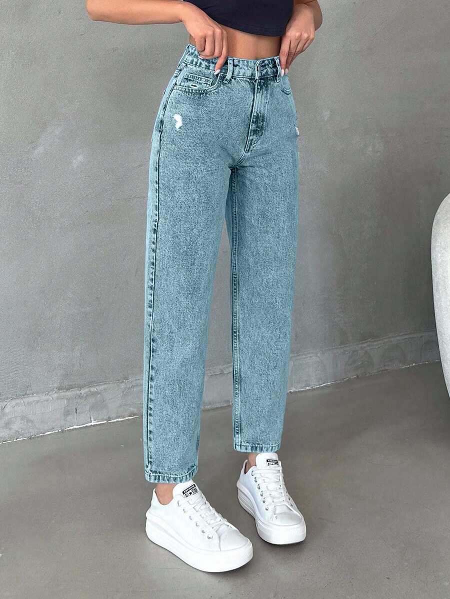 EURMUSE 女式高腰锥形休闲百搭牛仔裤 - 淺藍色 - 查看 1