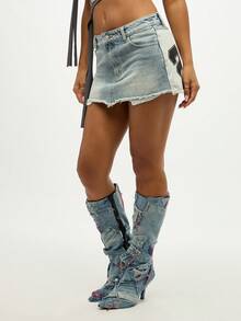 SUMWON WOMEN Custom Denim Mini Skirt With Jersey Number 23 Varsity Style Patch Design Classic Jean Raw Hem Edge Festival Summer Retro Athletic Inspired Fashion - Light Wash - View 3