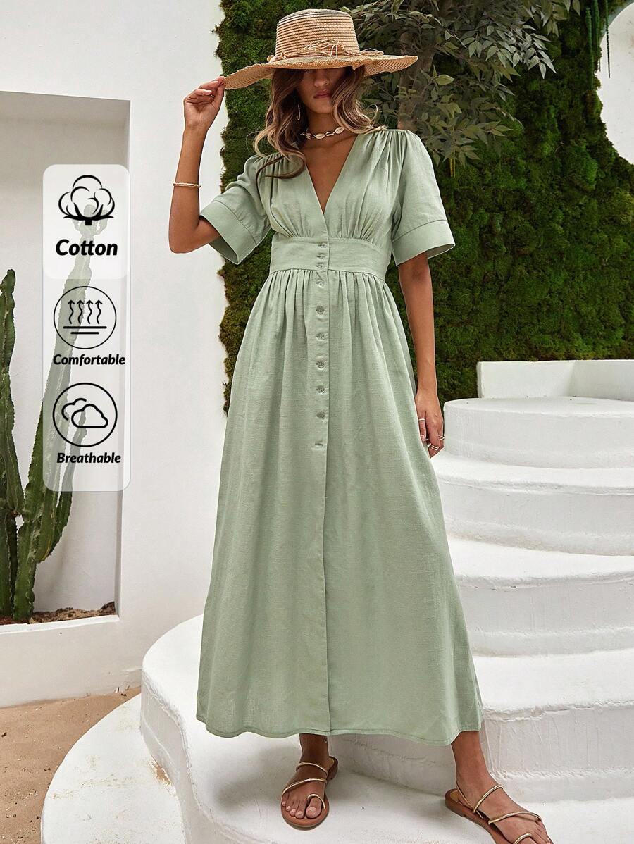 RueChic 具麻紋質感及歐風褶摺設計的鈕扣連身長裙