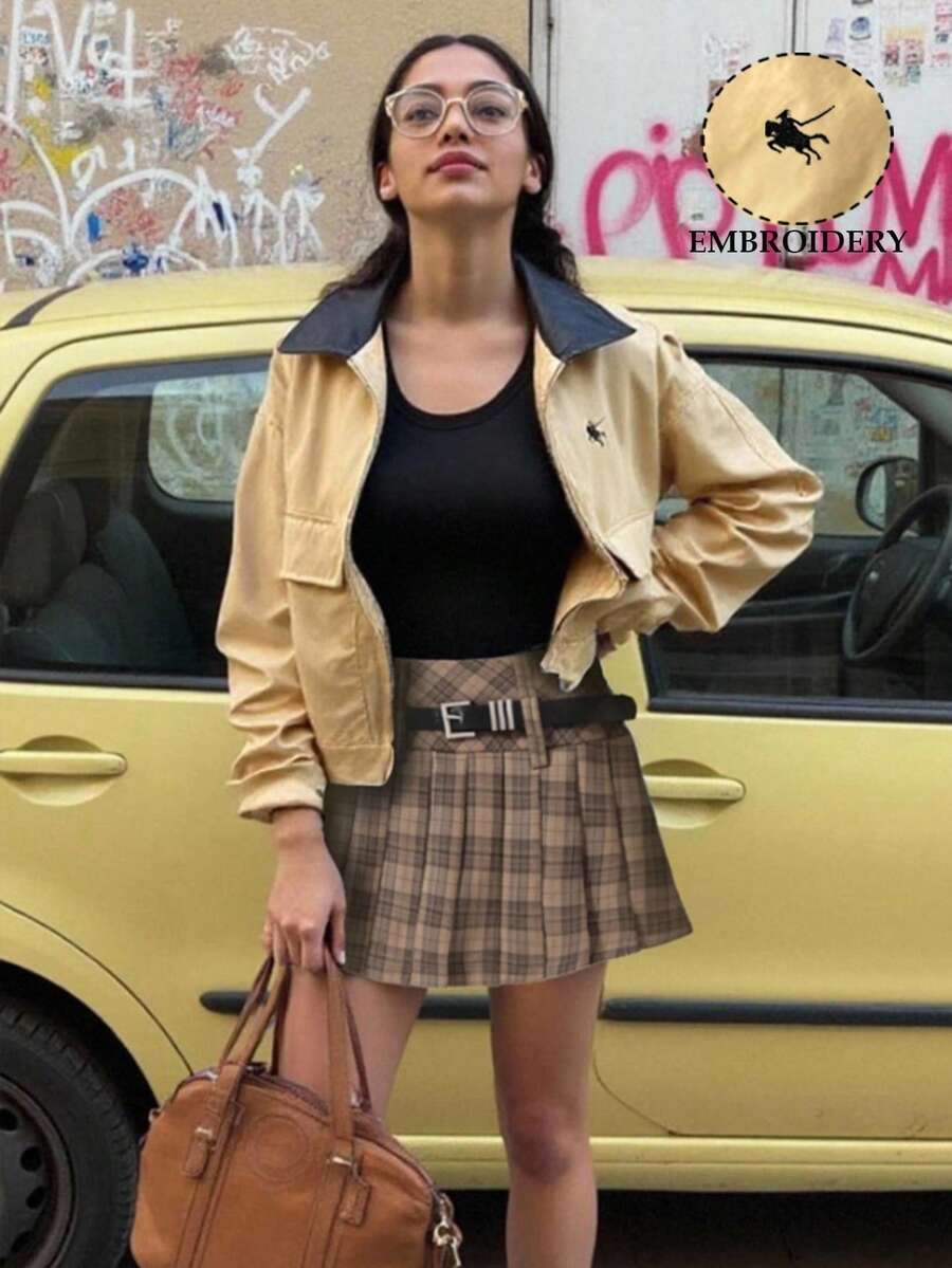 女式卡其色长袖夹克外套，户外休闲拉链开衫，秋季 - 卡其色 - 查看 1