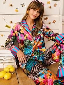 Chillnights 豹纹条纹撞色缎面女士睡衣套装，热带丝滑睡衣套装，秋冬服装 - 彩色 - 查看 4