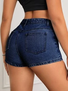 SHEIN ICON 女式蓝色时尚裹身休闲百搭牛仔短裙 - 深色水洗藍 - 查看 2