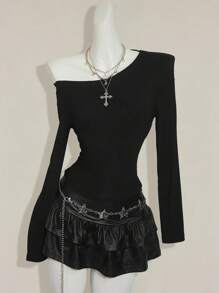 SHEIN ICON One Shoulder Shreeded Back Long Sleeve Jersey Skintight Top Spring, Summer, Holiday, Vacation, Ibiza, Festival, Raves, Cool Girl, Shipwrecked Cutout Top Black Top Goth Top - Black - View 3