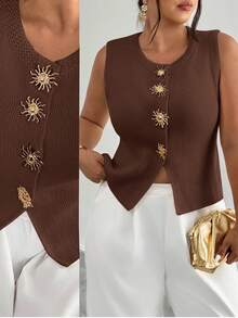 Firerie Damska metalowa ozdoba słoneczna z okrągłym dekoltem, modna dzianinowa kamizelka w dużym rozmiarze, bez rękawów, dzianinowy top w kolorze brązowym, damska letnia bluzka, dzianinowy top, sweter, kamizelka na jesień/zimę