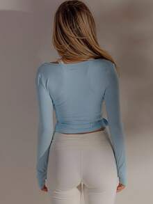 Aralina 女式纯色长袖裹身系带运动T恤 - 淺藍色 - 查看 2