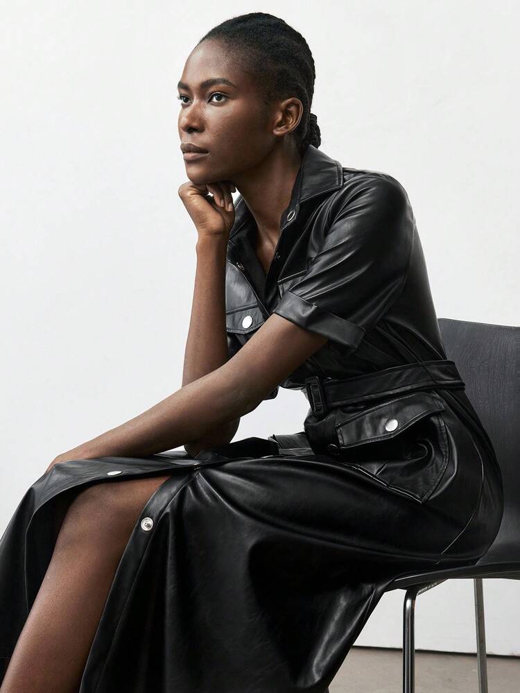 SHEIN Maija 여성용 블랙 PU 소재 드레스, 실버 메탈 버튼 장식, 다용도 모던 도시 패션 올 시즌