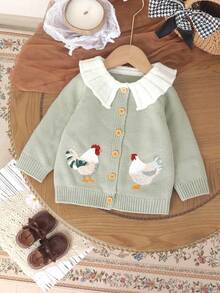 SHEIN Vintaside Kids 1pc Baby Girls' Pink Ruffle Collar Cardigan Sweater Jacket, Animal Embroidery Long Sleeve Casual Outerwear Baby Cardigan Baby Girl Cute Sweater Jacket Newborn Cardigans Baby Chicken Sweater Baby Rooster Cardigan Baby Chicken Cardigan Baby Farm Clothes Goose Baby Outfit Fall Winter - Green - View 3