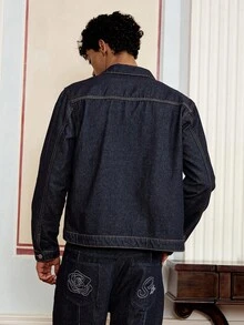 SWAVVY 男士刺绣长袖休闲牛仔夹克 - 深色水洗藍 - 查看 2