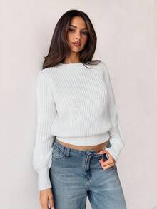 SHEIN Tall Suéter casual de mujer de unicolor con mangas farol, suéter acanalado blanco para otoño/invierno - Blanco - Ver 4