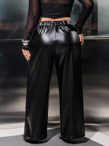 SHEIN EZwear Plus Size Women's Loose Fit Black Pocket Straight-Leg PU Leather Pants Black Leather Pants Women Wide Leg Pants/Winter - Black - View 2