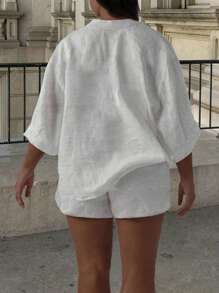 INAWLY Plus Size Solid Color Shirt Collar Mid-Length Sleeve Pocket Front Button Up Casual Top And Shorts 2pcs Set - White - View 2