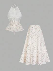 Sweetra Plus Size Halter Backless Top & A-Line Ditsy Floral Skirt 2 Pieces Set, Vacation - White - View 2