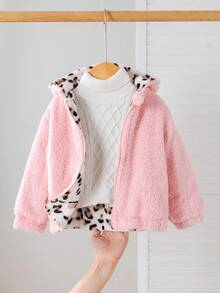 SHEIN Babygirl 秋冬可爱蓬松豹纹连帽夹克 - 粉色 - 查看 6