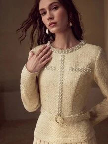 MOTF STUDIO PATCHWORK 2 IN 1 LUXURIOUS ELEGANT RUFFLE PEARL DECOR WOMEN DRESS - Apricot - View 5