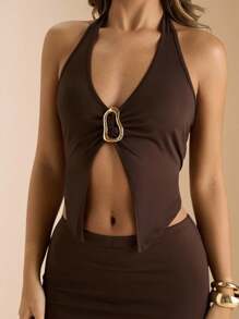 SHEIN BAE 1. Bộ 2 món áo hở lưng cổ yếm khóa kim loại gợi cảm dành cho nữ mùa xuân/hè & chân váy dệt kim cạp vừa/thấp viền đuôi cá, trang phục màu nâu, bộ đồ đi nghỉ, bộ đồ dệt kim hở lưng - màu nâu - Xem 7