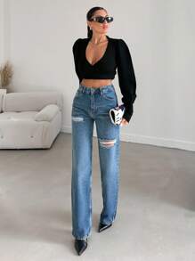 EURMUSE 100%Cotton Ripped Straight Leg Jeans - Medium Wash - View 4