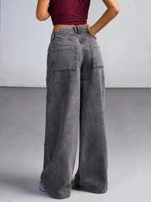EURMUSE 低腰灰色洗水宽松阔腿牛仔裤 - 灰色 - 查看 2