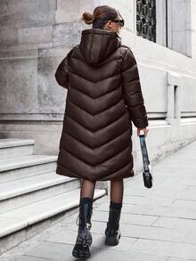 EURMUSE Hooded Double Pocket Puffer Winter Coat - Coffee Brown - View 2