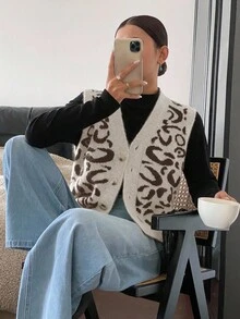 Siren Gaze Women's V-Neck Leopard Print Single-Breasted Casual Knit Vest In Fall/Winter,Leopard Print Top,Cheetah Print Top,Leopard Print Top Casual - Multicolor - View 3