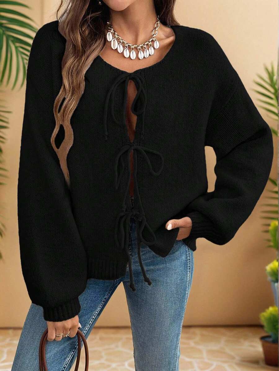 EURMUSE Casual Loose Solid Color Tie Front Long Sleeve Cardigan For Women,Cardigans,Petite,Tall