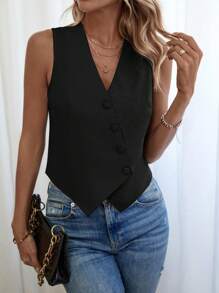 SHEIN LUNE Women's Casual Solid Color V-Neck Sleeveless Blazer - Black - View 1