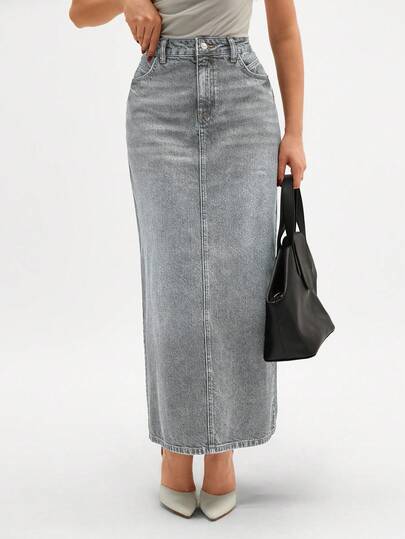 CLARA VERO Women's Pocketed Straight Loose Casual Versatile Denim Midi Skirt,Skirts,Skort