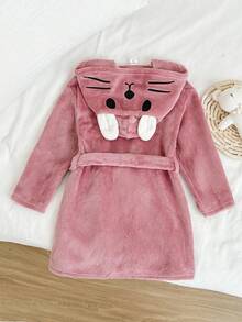 SHEIN 粉色女童可愛兔子圖案卡通刺繡連帽抓絨浴袍，秋季仙女之夜毛絨家居服，幼童小女孩可正反穿冬天睡袍 - 淺粉色 - 查看 2