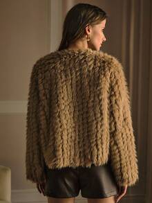 MOTF PREMIUM 仿羊毛面料纯色仿皮草金属纽扣门襟大衣 - 卡其色 - 查看 4