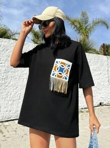 EURMUSE 100% 纯棉胸前钩针贴花休闲超大圆领 T 恤 - 黑色 - 查看 4