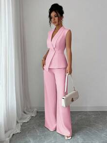Selianne 女士优雅办公室通勤下午茶会服装，有领不对称下摆无袖西装外套，带金属腰扣装饰，搭配松紧腰长裤，两件套西装，春夏 - 粉色 - 查看 3