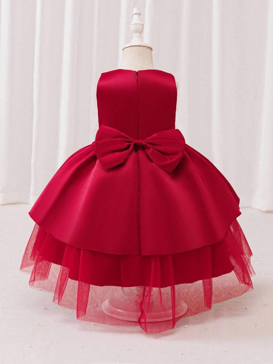 Glamorique Kids Young Girls' Elegant Satin Sleeveless Tulle Trailing Dress, Beaded Waistband, Bow Back Design, Suitable For Year-End Parties And Gatherings To Showcase Young Young Girls' Noble, Graceful And Style Red Flower Girl Dress Bow Dress For Girls Red Formal Dress For Girls,Christmas Dress Elegant Red Dress Kids Bow Dresses For Girls Red Formal Dress For Girls Burgendy Fall Winter